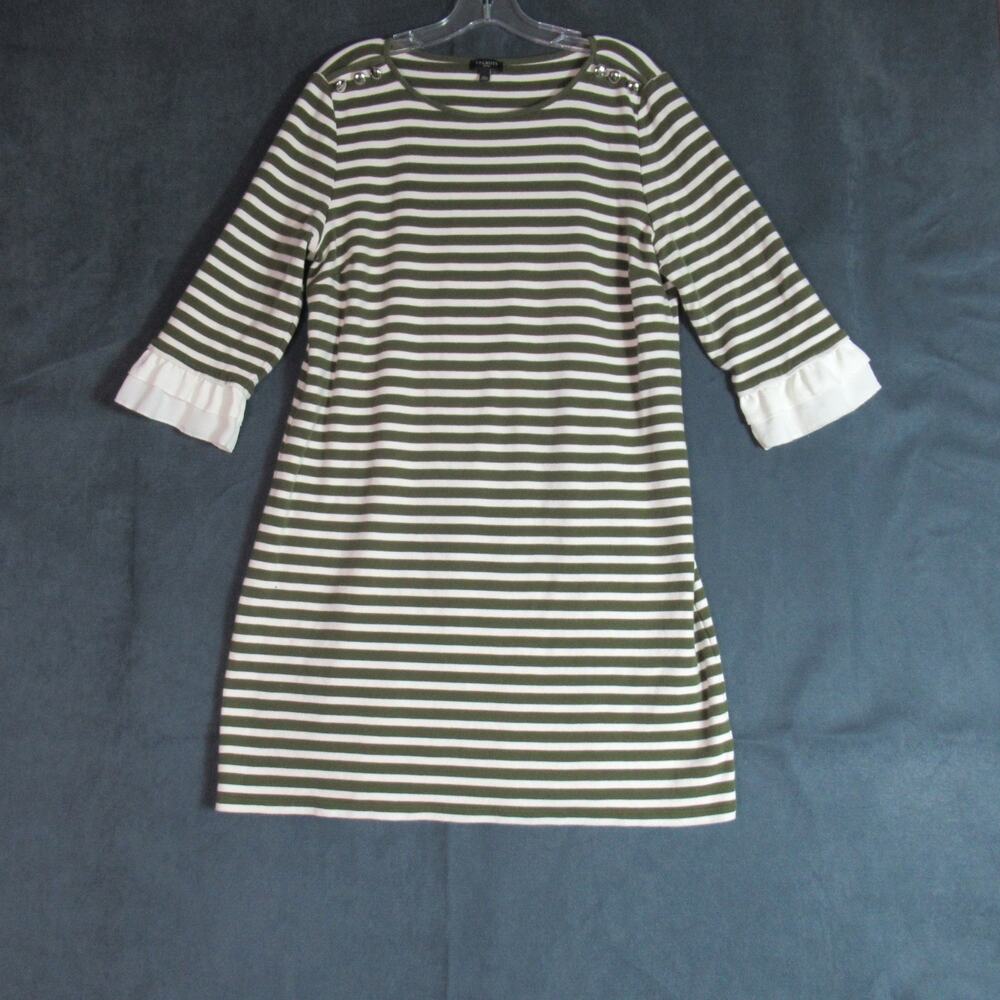 Talbots Dress Womens Size XLP Green Cream Striped 3/4 Sleeve Shift Cozy Preppy